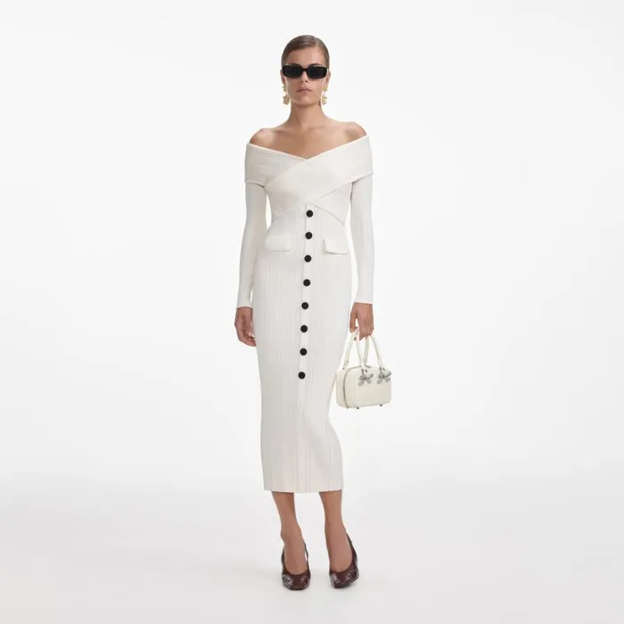 Cream Off Shoulder Knit Midi Dress Women Self Portrait Dresses