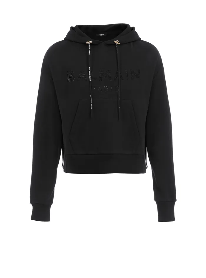 Cropped Ecodesigned Cotton Sweatshirt With Rhinestone Logo Black Women Balmain Sweatshirts