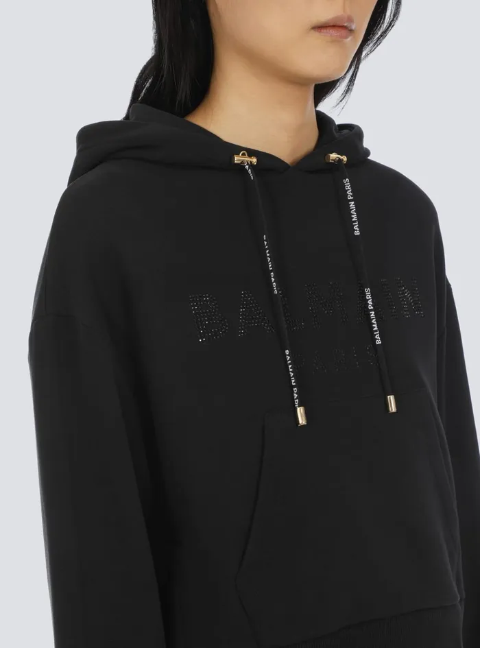 Cropped Ecodesigned Cotton Sweatshirt With Rhinestone Logo Black Women Balmain Sweatshirts