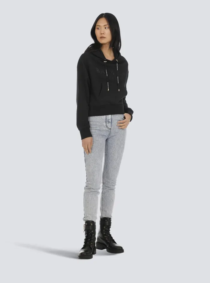 Cropped Ecodesigned Cotton Sweatshirt With Rhinestone Logo Black Women Balmain Sweatshirts
