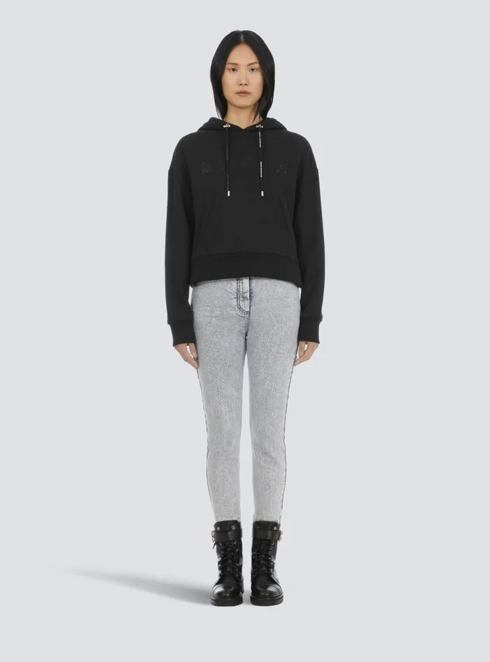 Cropped Ecodesigned Cotton Sweatshirt With Rhinestone Logo Black Women Balmain Sweatshirts