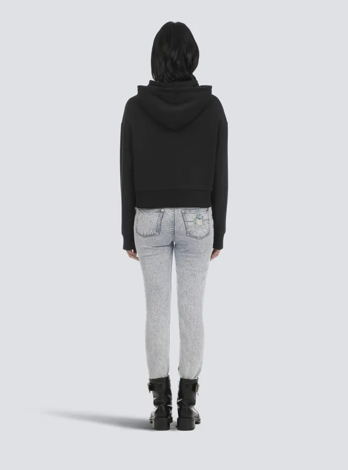 Cropped Ecodesigned Cotton Sweatshirt With Rhinestone Logo Black Women Balmain Sweatshirts