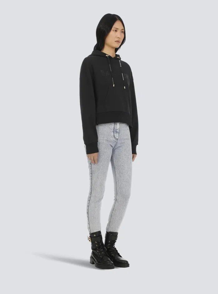 Cropped Ecodesigned Cotton Sweatshirt With Rhinestone Logo Black Women Balmain Sweatshirts