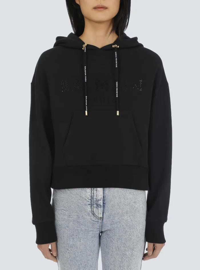 Cropped Ecodesigned Cotton Sweatshirt With Rhinestone Logo Black Women Balmain Sweatshirts