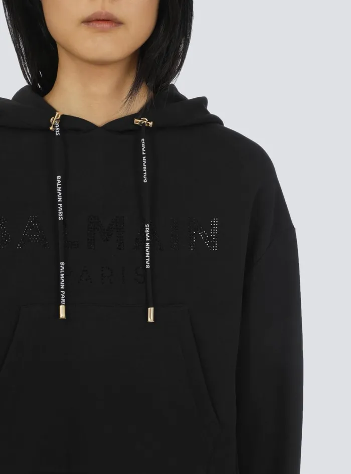 Cropped Ecodesigned Cotton Sweatshirt With Rhinestone Logo Black Women Balmain Sweatshirts