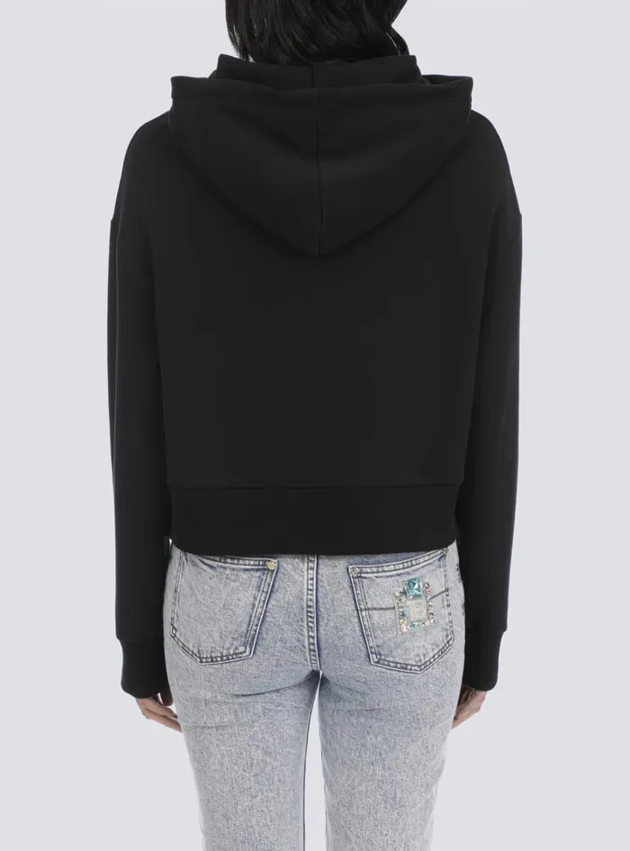 Cropped Ecodesigned Cotton Sweatshirt With Rhinestone Logo Black Women Balmain Sweatshirts