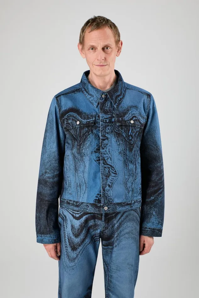 Denim Men Camper Denim Jacket Dark BlueBlack Distorted Print Denim Jacket