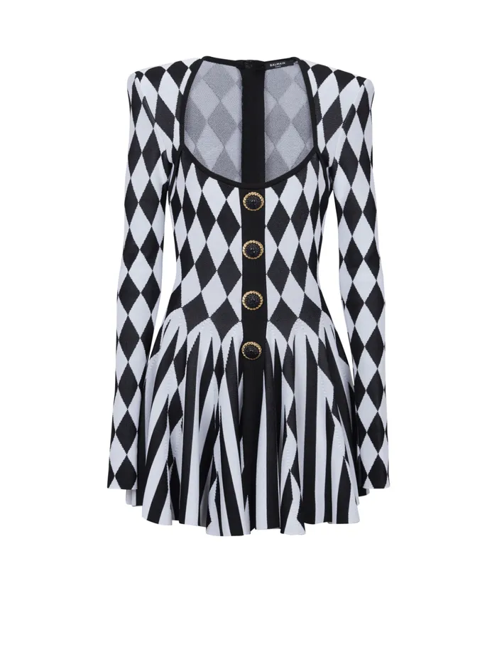 Diamond Jacquard Flared Knit Dress Black Women Balmain Dresses