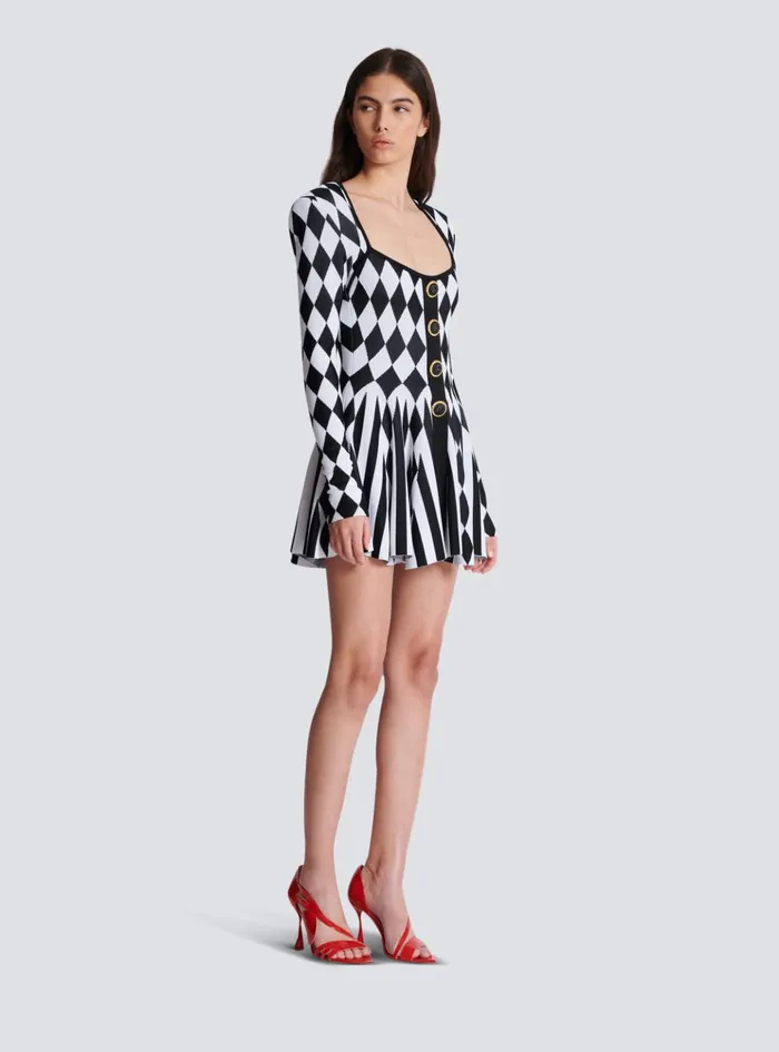 Diamond Jacquard Flared Knit Dress Black Women Balmain Dresses