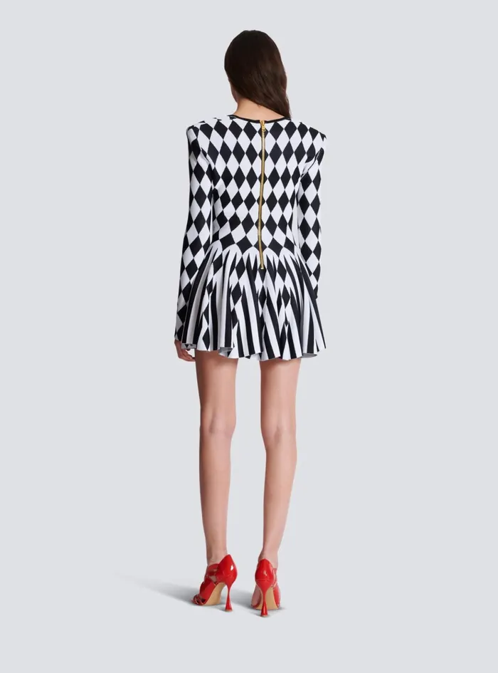 Diamond Jacquard Flared Knit Dress Black Women Balmain Dresses