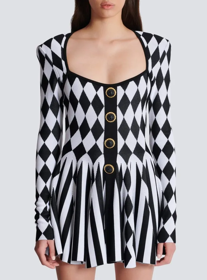 Diamond Jacquard Flared Knit Dress Black Women Balmain Dresses