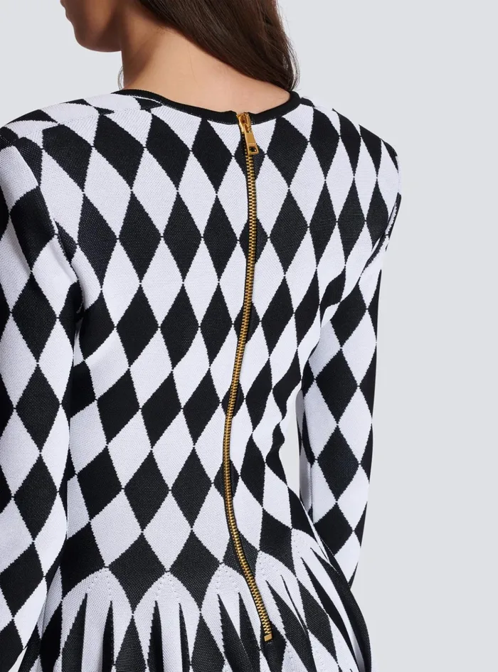 Diamond Jacquard Flared Knit Dress Black Women Balmain Dresses