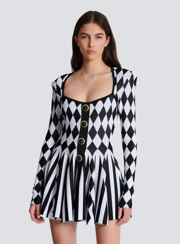 Diamond Jacquard Flared Knit Dress Black Women Balmain Dresses