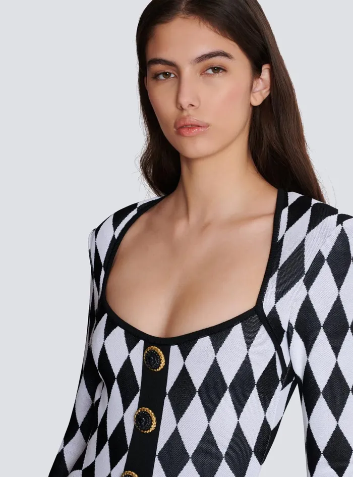 Diamond Jacquard Flared Knit Dress Black Women Balmain Dresses