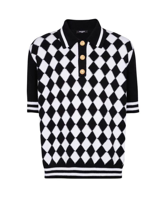 Diamond Polo Shirt In Twotone Cotton Black Men Balmain Knitwear