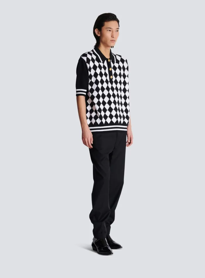 Diamond Polo Shirt In Twotone Cotton Black Men Balmain Knitwear