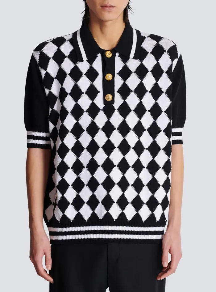 Diamond Polo Shirt In Twotone Cotton Black Men Balmain Knitwear