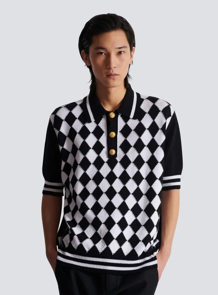 Diamond Polo Shirt In Twotone Cotton Black Men Balmain Knitwear