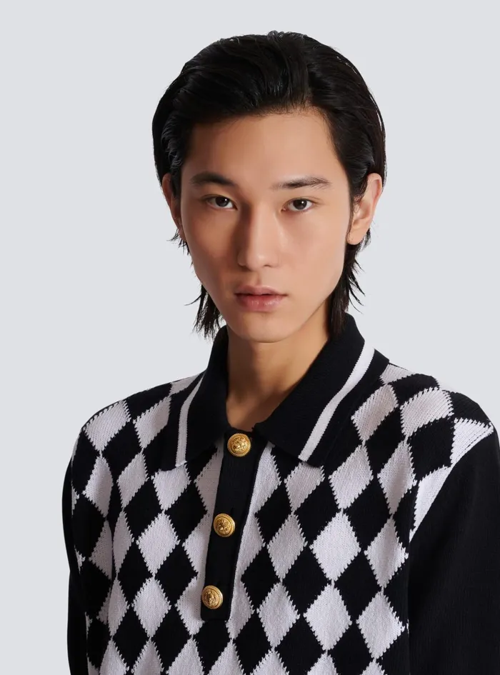 Diamond Polo Shirt In Twotone Cotton Black Men Balmain Knitwear