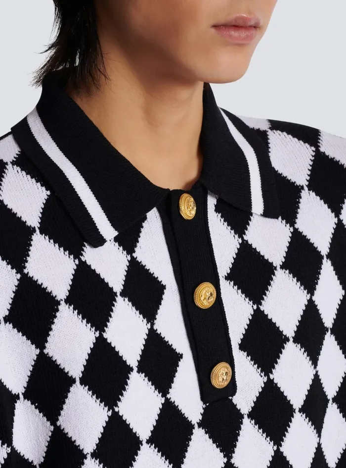 Diamond Polo Shirt In Twotone Cotton Black Men Balmain Knitwear