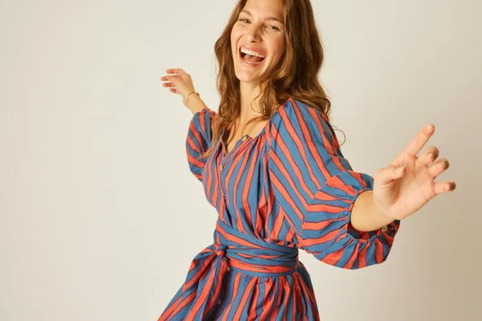 Dresses Shop Natalie Martin ALEX MIDI WITH SASH Batik Stripe Blood Orange
