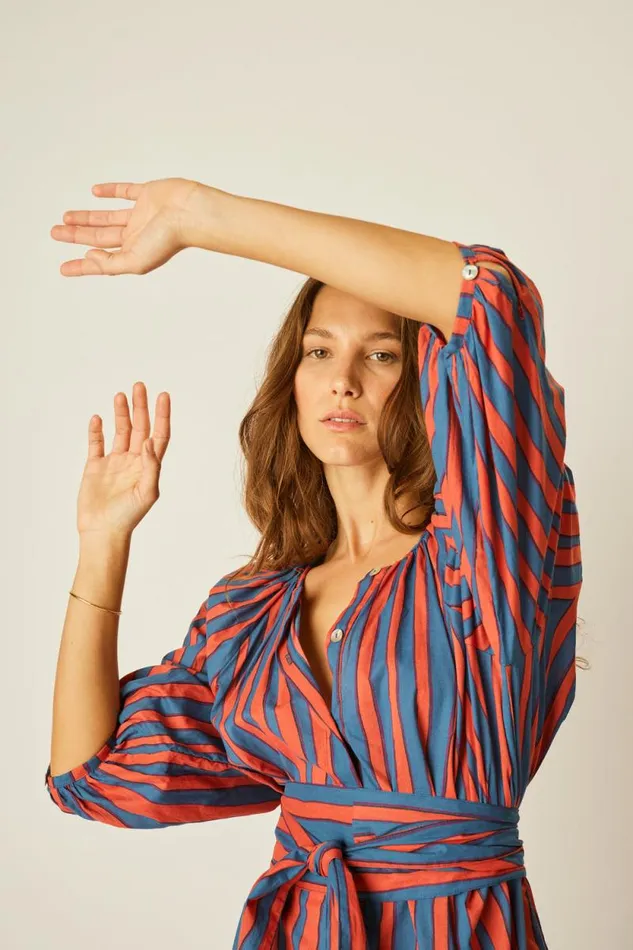 Dresses Shop Natalie Martin ALEX MIDI WITH SASH Batik Stripe Blood Orange