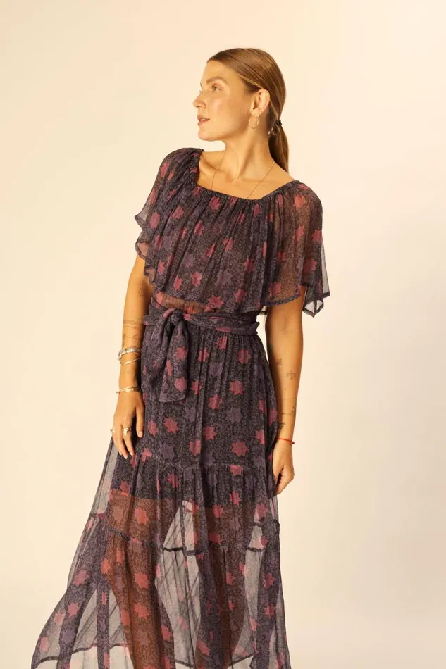 Dresses Shop Natalie Martin NAOMI DRESS WITH SASH Snowflake Aubergine