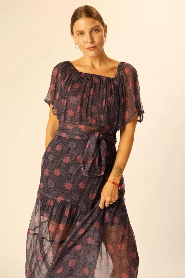 Dresses Shop Natalie Martin NAOMI DRESS WITH SASH Snowflake Aubergine