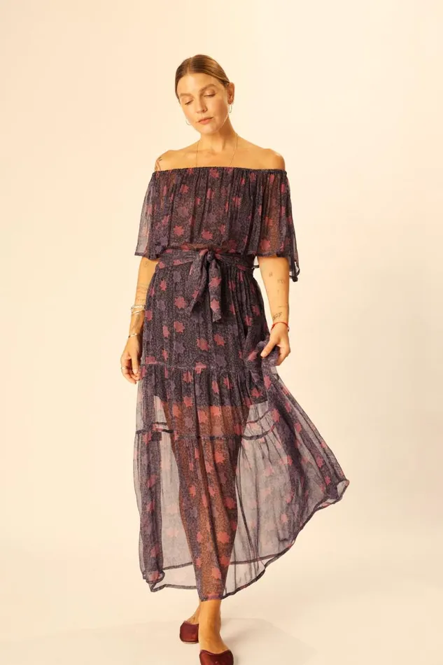 Dresses Shop Natalie Martin NAOMI DRESS WITH SASH Snowflake Aubergine