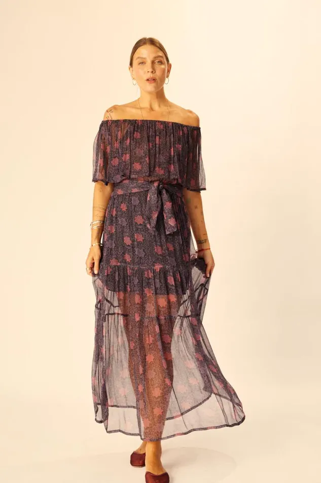 Dresses Shop Natalie Martin NAOMI DRESS WITH SASH Snowflake Aubergine