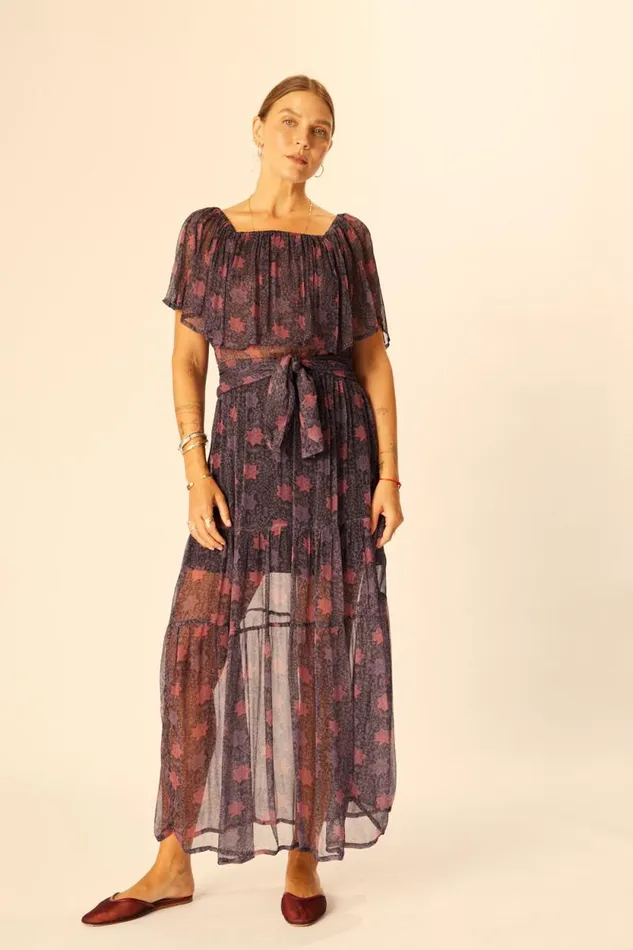Dresses Shop Natalie Martin NAOMI DRESS WITH SASH Snowflake Aubergine