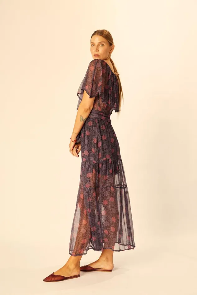Dresses Shop Natalie Martin NAOMI DRESS WITH SASH Snowflake Aubergine