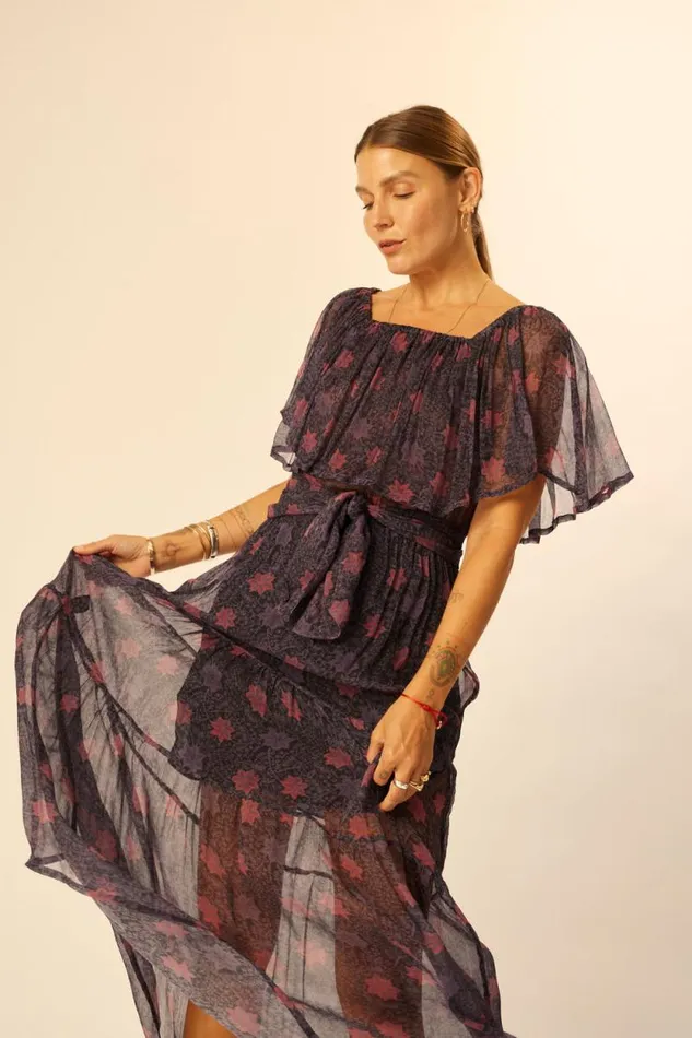 Dresses Shop Natalie Martin NAOMI DRESS WITH SASH Snowflake Aubergine