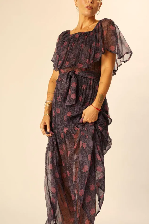 Dresses Shop Natalie Martin NAOMI DRESS WITH SASH Snowflake Aubergine