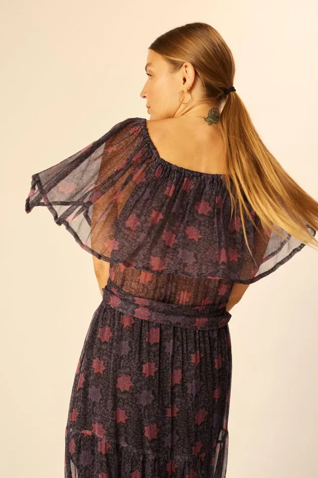 Dresses Shop Natalie Martin NAOMI DRESS WITH SASH Snowflake Aubergine