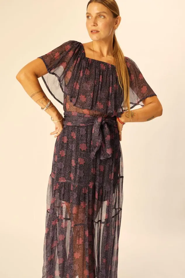 Dresses Shop Natalie Martin NAOMI DRESS WITH SASH Snowflake Aubergine