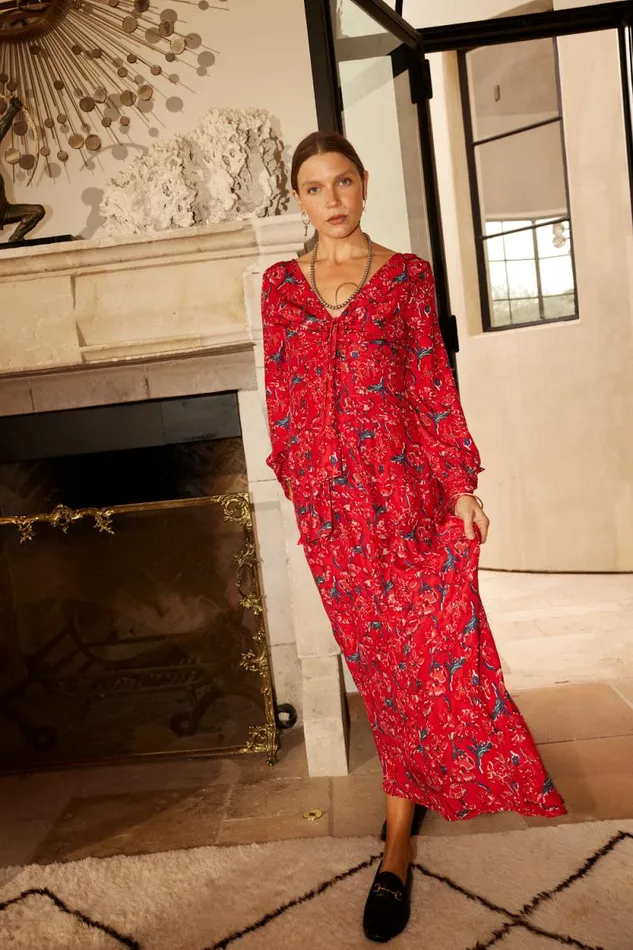 Dresses Shop Natalie Martin REESE DRESS Silk Watercolor Vermillion