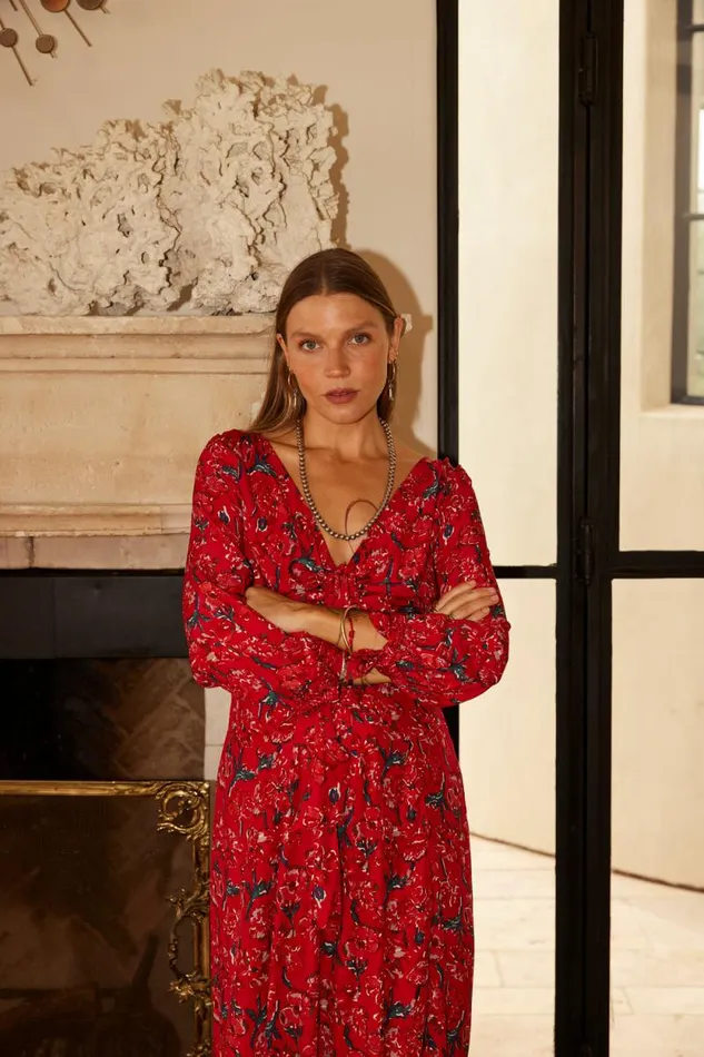 Dresses Shop Natalie Martin REESE DRESS Silk Watercolor Vermillion