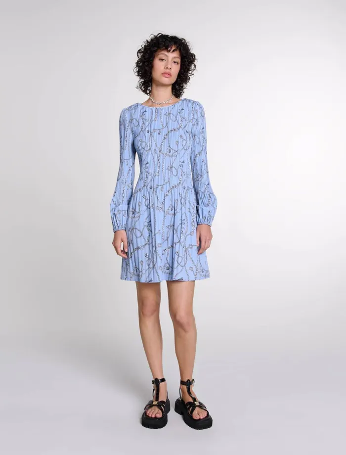 Dresses Women Maje Patterned Pleated Dress Blue Chains Print