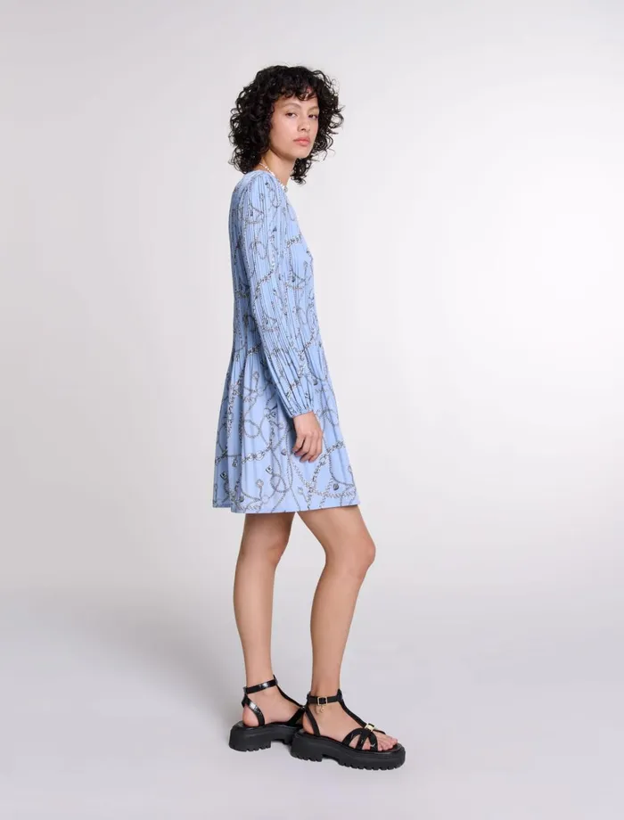 Dresses Women Maje Patterned Pleated Dress Blue Chains Print