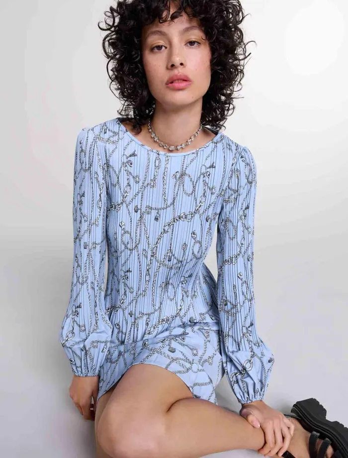 Dresses Women Maje Patterned Pleated Dress Blue Chains Print