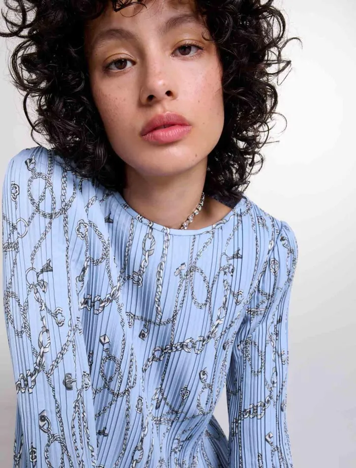 Dresses Women Maje Patterned Pleated Dress Blue Chains Print