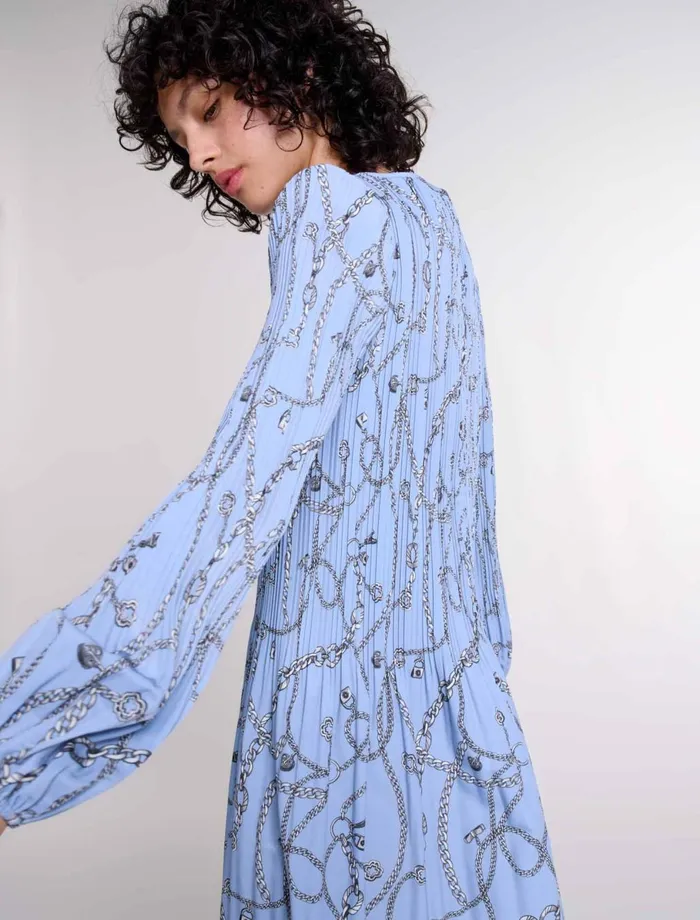 Dresses Women Maje Patterned Pleated Dress Blue Chains Print