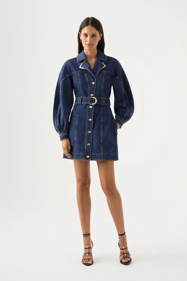 Elena Belted Denim Mini Dress Washed Indigo Women Aje Denim