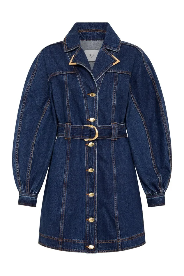 Elena Belted Denim Mini Dress Washed Indigo Women Aje Denim