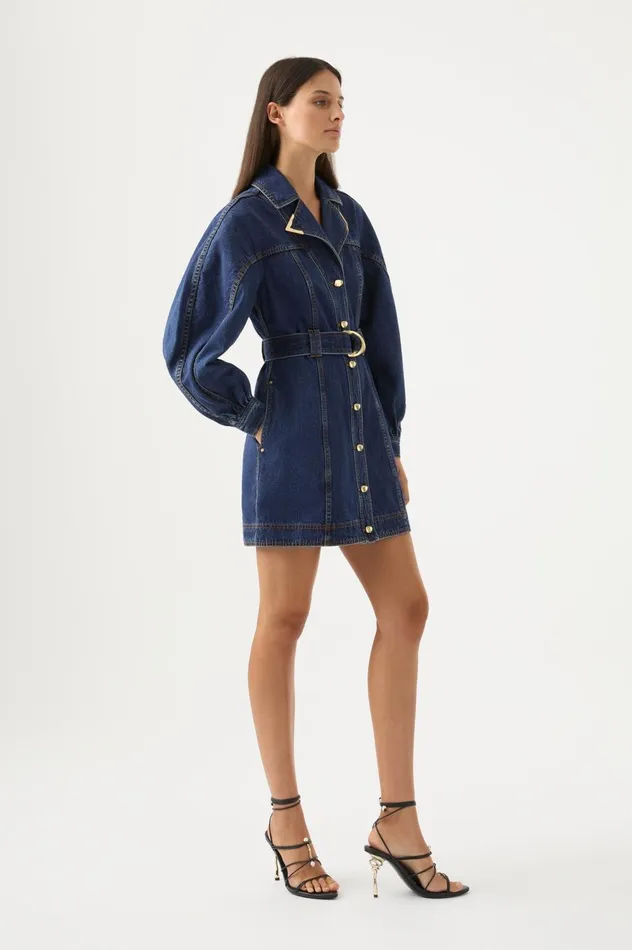 Elena Belted Denim Mini Dress Washed Indigo Women Aje Denim