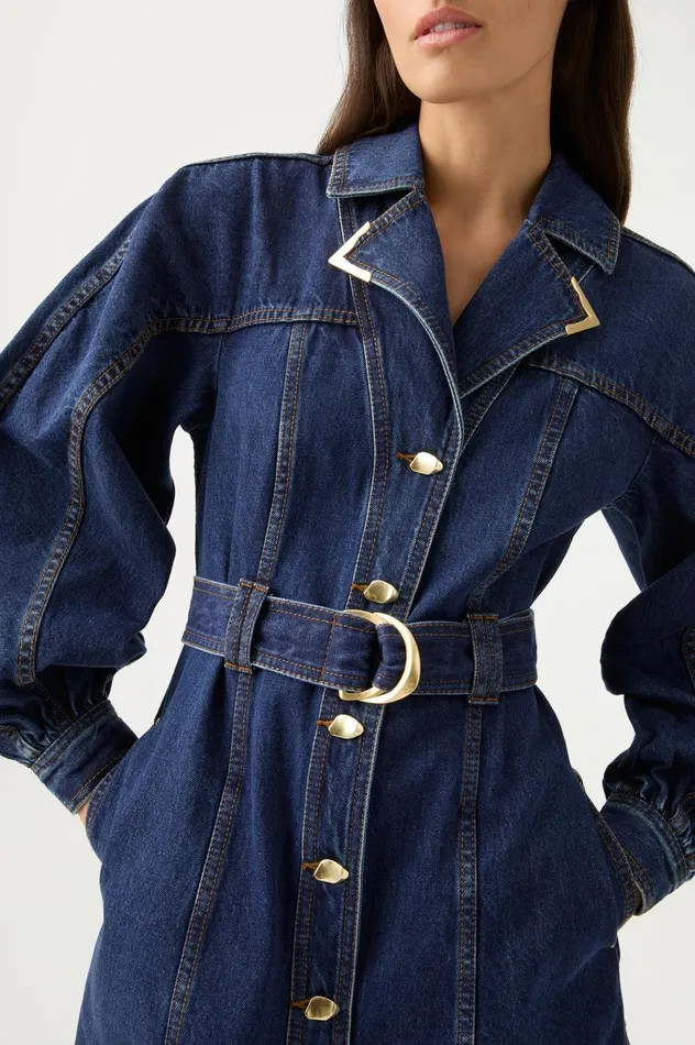 Elena Belted Denim Mini Dress Washed Indigo Women Aje Denim