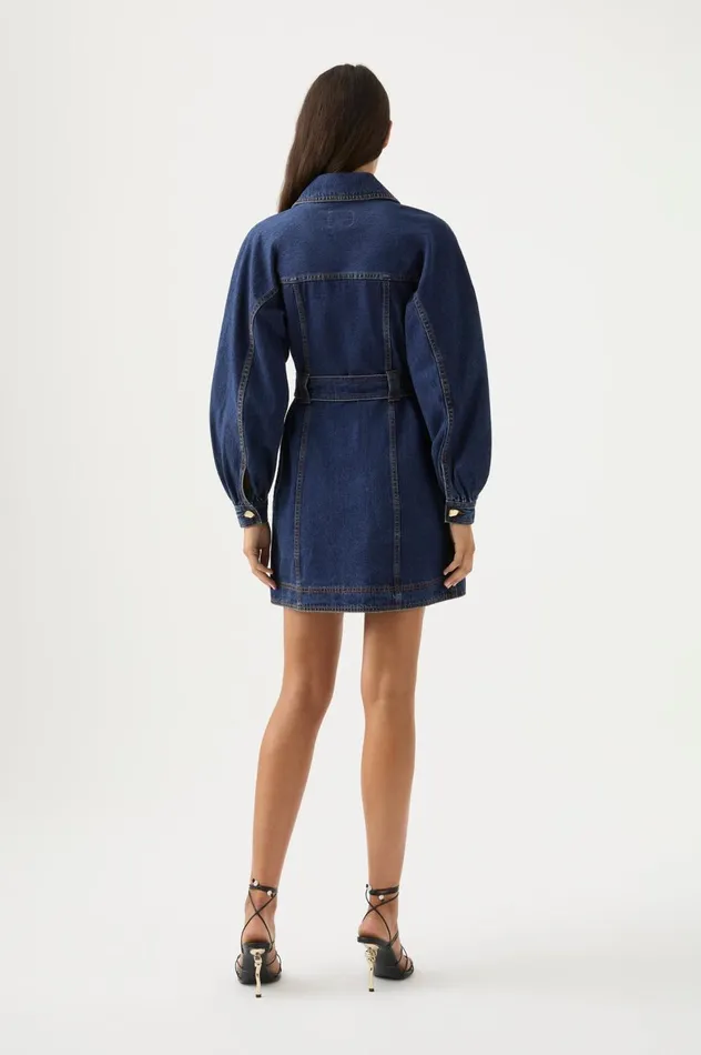 Elena Belted Denim Mini Dress Washed Indigo Women Aje Denim