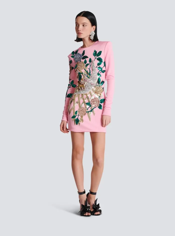 Embroidered Roses Dress Pink Women Balmain Dresses