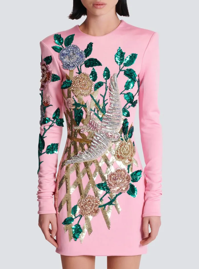 Embroidered Roses Dress Pink Women Balmain Dresses